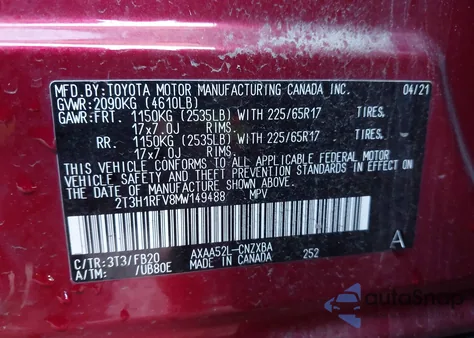 2021 Toyota Rav4 Le from USA, damaged, VIN 2T3H1RFV8MW149488